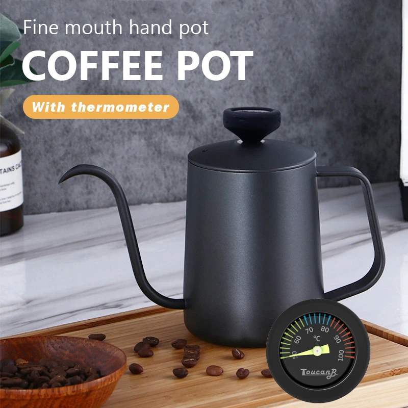 

350ml Drip Kettle Coffee Tea Pot With Thermometer Non-stick Coating Food Grade Stainless Steel Thin Mouth Gooseneck Coffee Pot