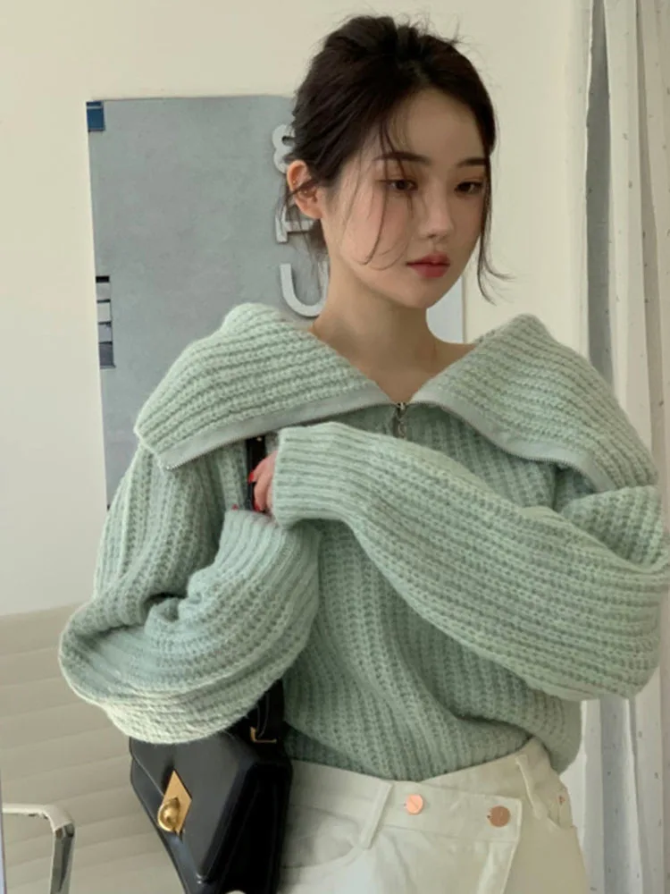 

Knitted Women Preppy Style Korean Sueter Mujer Sailor Collar Casual Solid Pullovers Vintage Y2k Half Zipper Sweaters