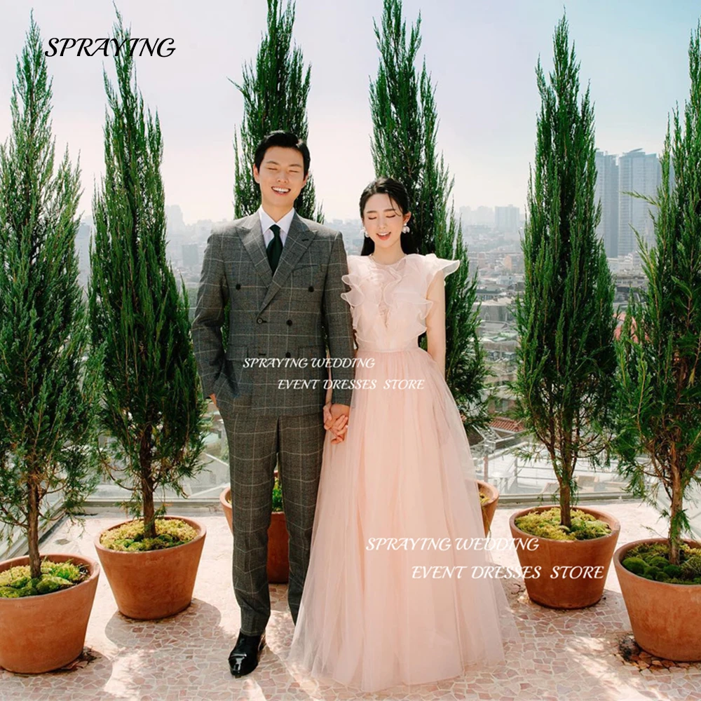 

SPRAYIN Simple O Neck Korea Wedding Dress Pleats Sleeveless Soft Tulle Bridal Gown A Line Floor Length 웨딩드레스 Custom Made