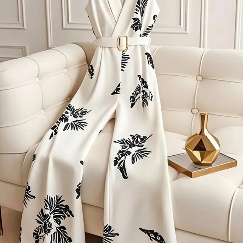 Jumpsuit Leher V Tanpa Lengan Gaya Vintage Perancis Elegan Wanita Musim Panas 2025 dengan Celana Kaki Lebar Motif Bunga Mewah Pinggang Berikat