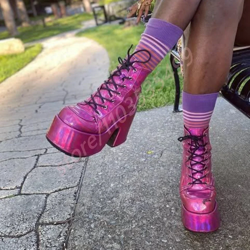 

Ботинки для вечеринок в стиле панк на толстой подошве с круглым носком, модные ботильоны на толстом высоком каблуке 34–48, новинка 2025 года, мотоциклетные ботинки на шнуровке Street Rock