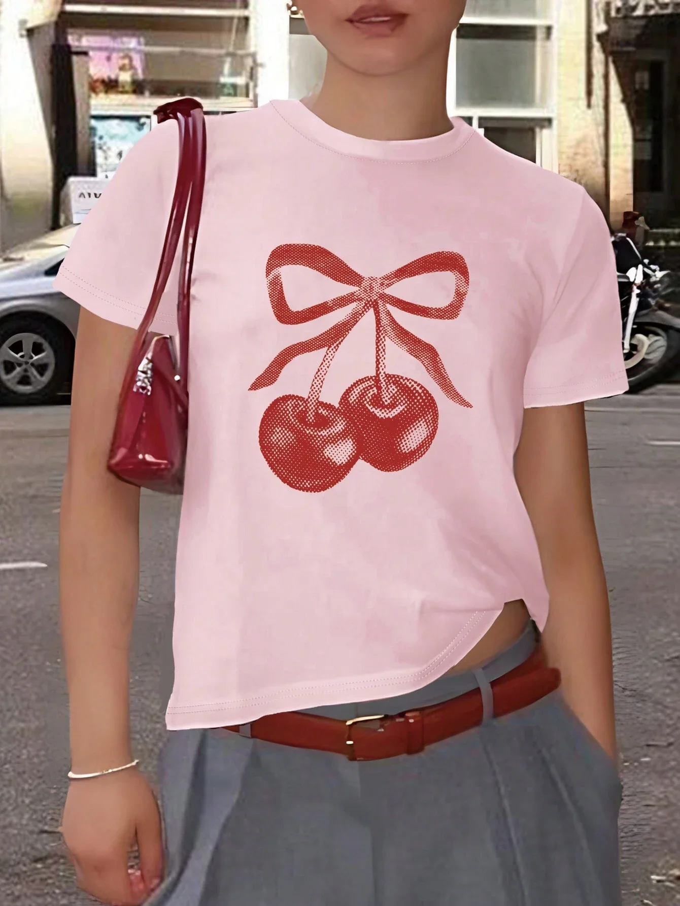 Donne Crop top vestiti estivi ciliegia e Bowknot stampato t-shirt regolare frutta grafica t-shirt donna manica corta t-shirt bambino