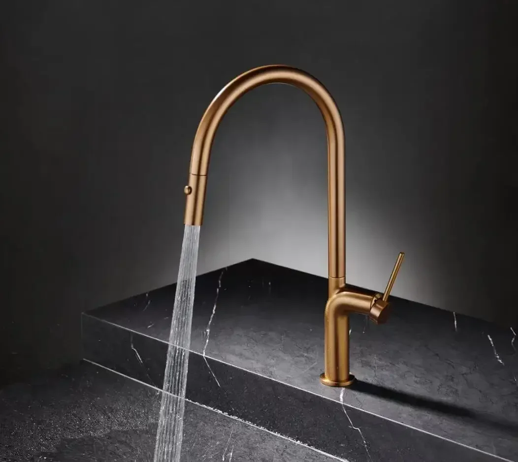 

005 Commercial Brushed Rose Gold Kitchen Faucets Pull Out Kitchen Sink Faucets with 2 Ways Pull Down Sprayer Contemporary