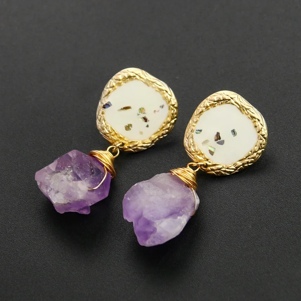 1pair Natural Amethyst Pointed Bead Earrings Abalone Shell Fragment Ear Stud Unique Dangle Stone Charm Jewelry Gift for Party
