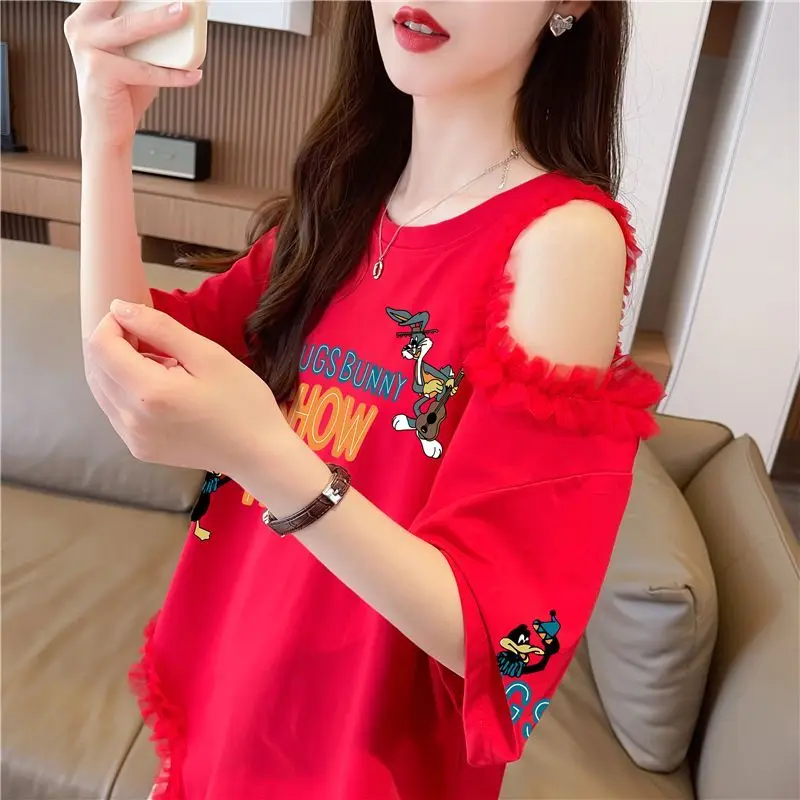 T-shirt à manches courtes et épaules dénudées pour femme, grande taille, avec dentelle et design fendu ouvert