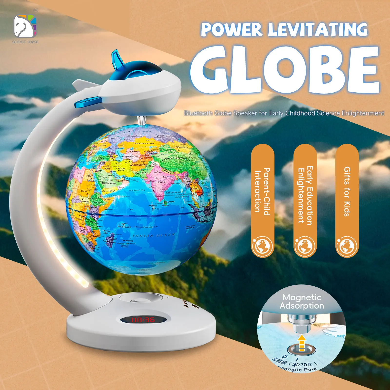 Magnetic Levitation Rotating Globe, Automatic Levitation Rotating Belt, Ambient Night Light, Bluetooth Speaker, Clock Display view 5