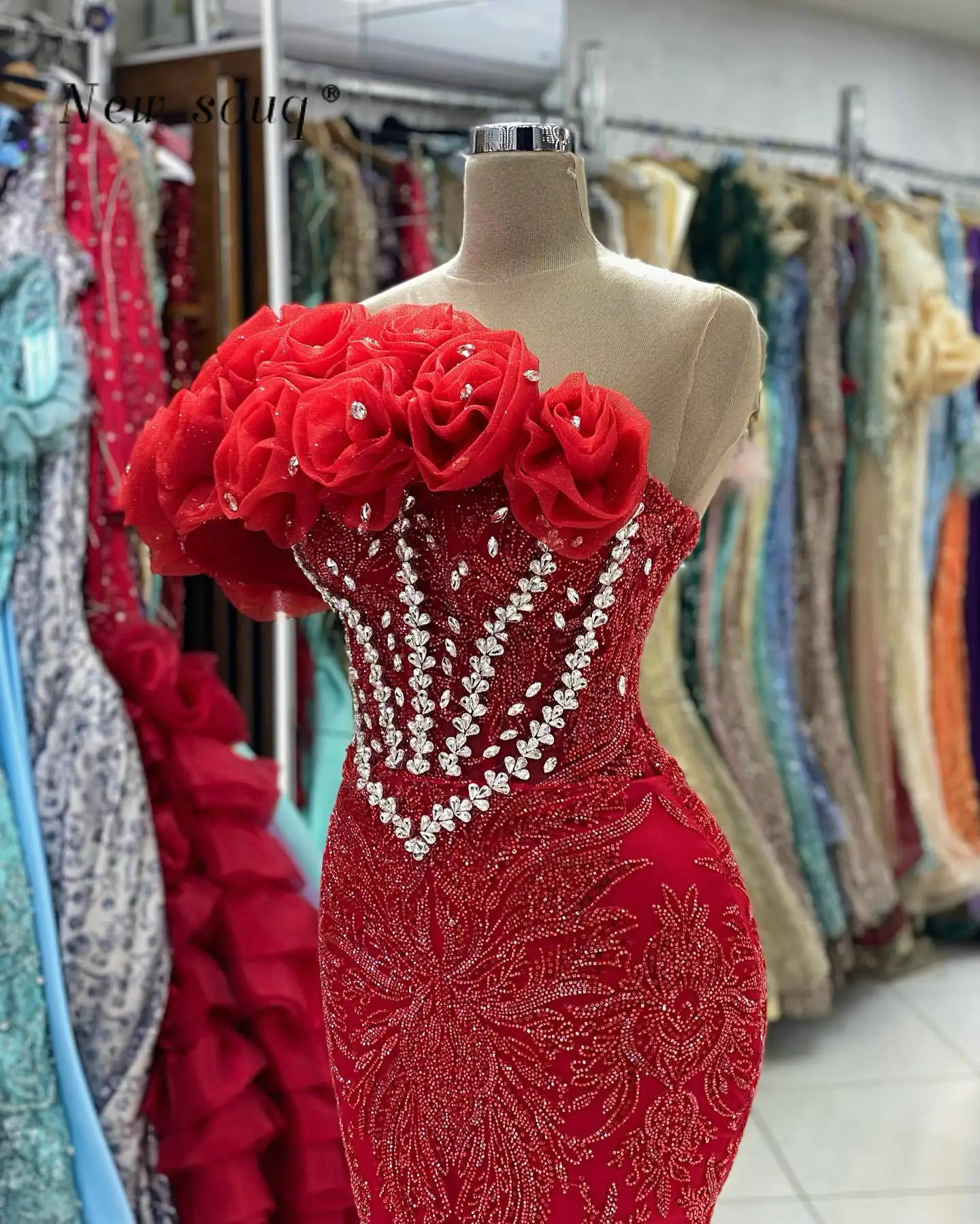 Red 3D Flowers One Shoulder Long Mermaid Evening Dresses with Silver Crystal Customized Formal Women\'s Wedding Night Party Gowns