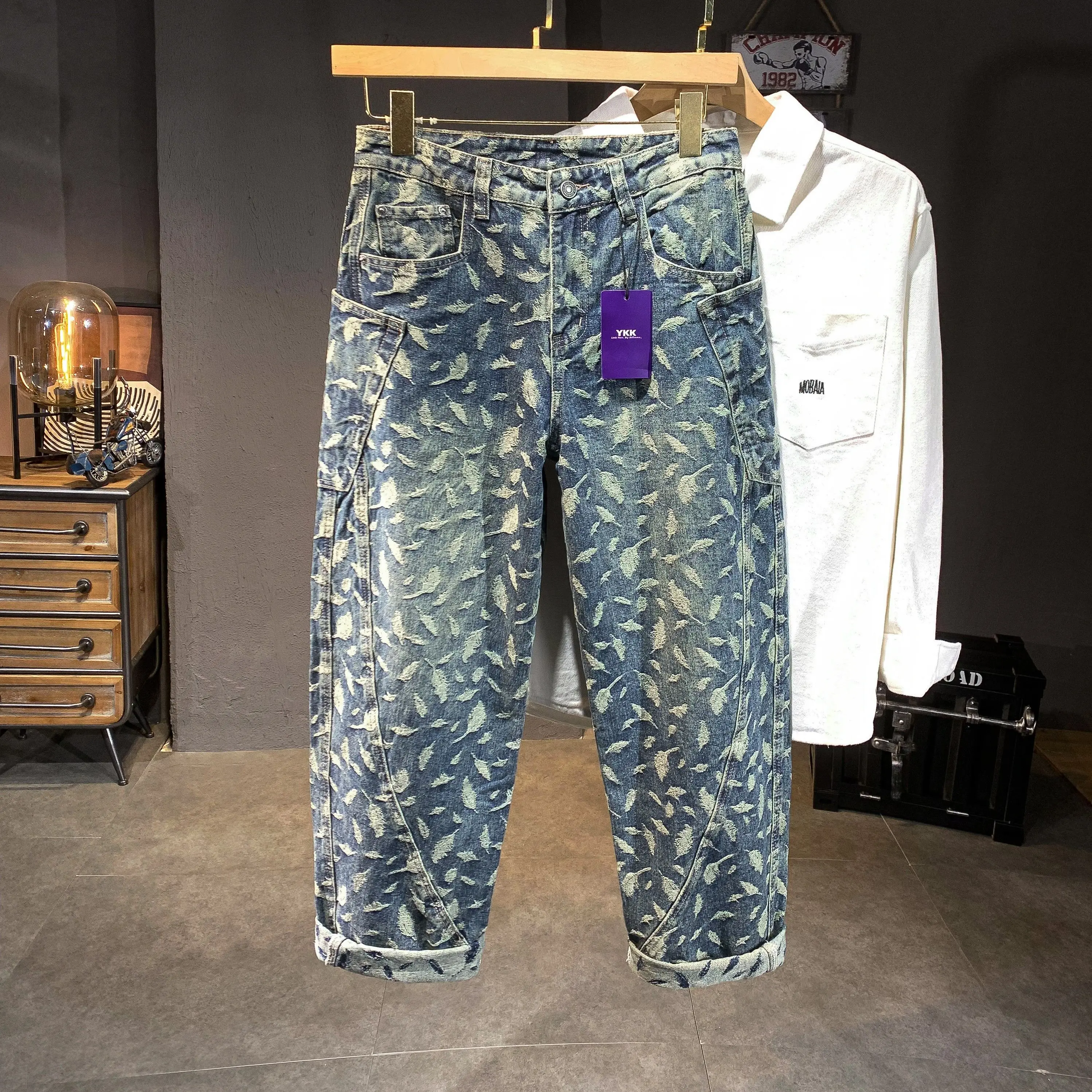 بنطال جينز جاكار أوروبي للرجال متعدد الحقائب فضفاض واسع الساق للرجال