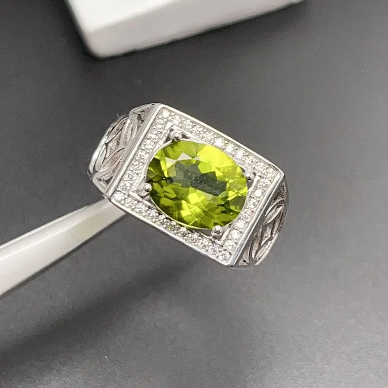 3ct Natural Peridot Silver Ring 8*10mm VVS Grade Peridot Ring with Gold Plated Keep Shining 925 Silver Gemstone Jewelry for Men