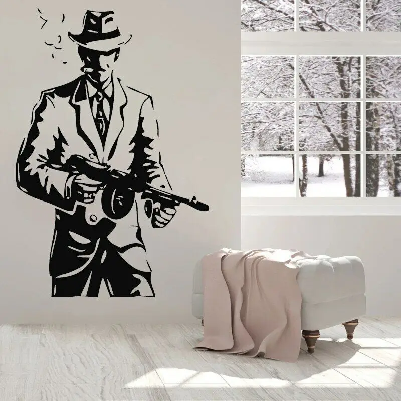 Mafia Wall Sticker Gangster Vinyl Decal Hat Weapons Stickers Thomson Submachine Gun Home Decor Tommy-Gun Boys Bedroom Decoration