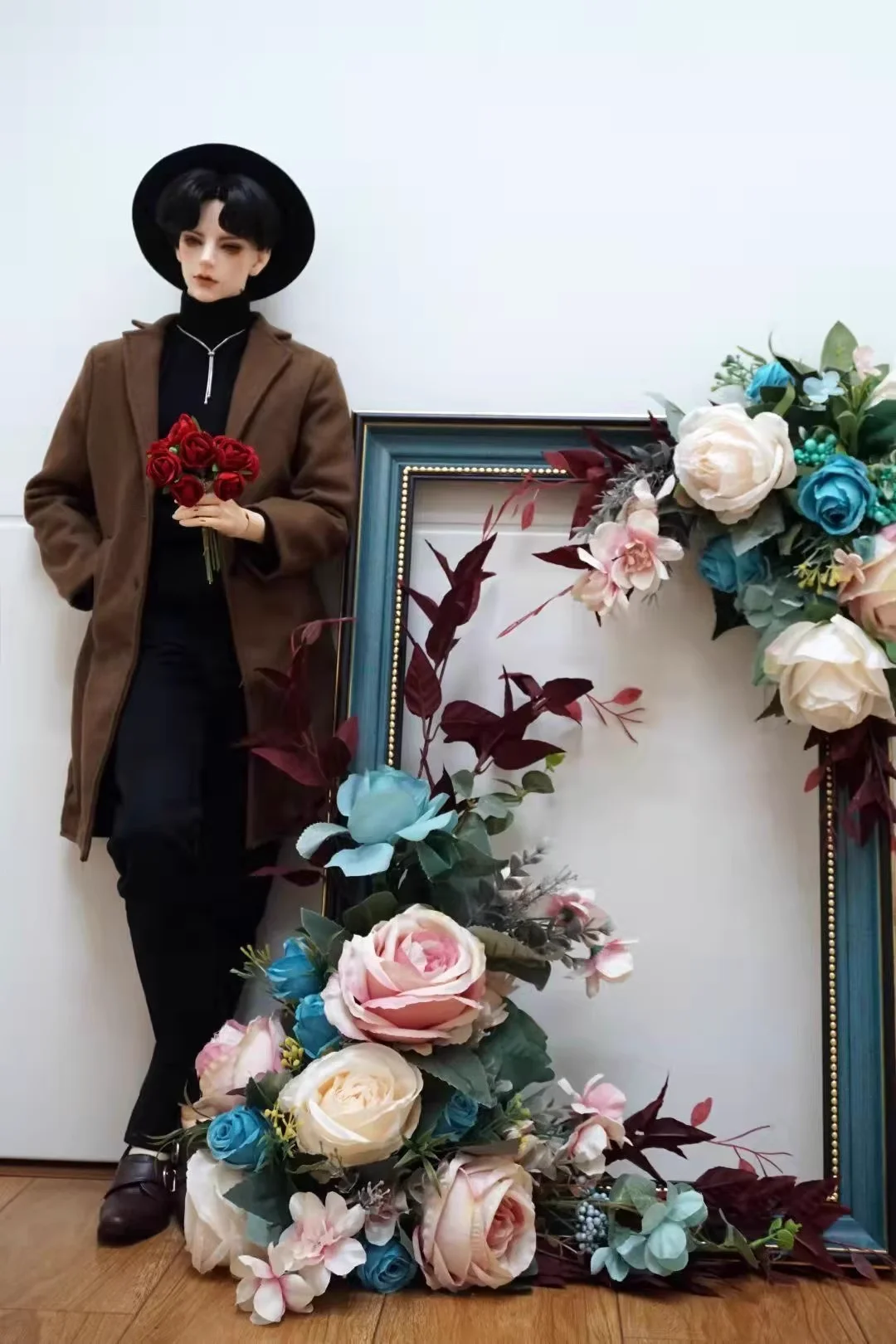 D09-P690 Brinquedo infantil feito à mão, terno de boneca BJD ID75 uf75 an77 yc 76, casaco de lã preto, cinto, meias e lenço, 4 peças/conjunto