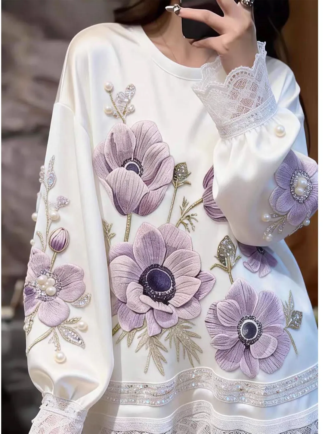 Elegant Lace Floral Splicing T-Shirt Women's Premium Feeling Beautiful Top Commute Style Korean Version Loose Fit Long Sleeve