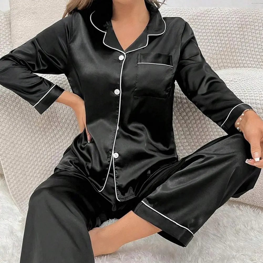 Women Two-piece Pajama Set Classic Design Sleepwear Elegant Women's Silk Pyjama Set with Long Sleeve Button Top Elastic for Home