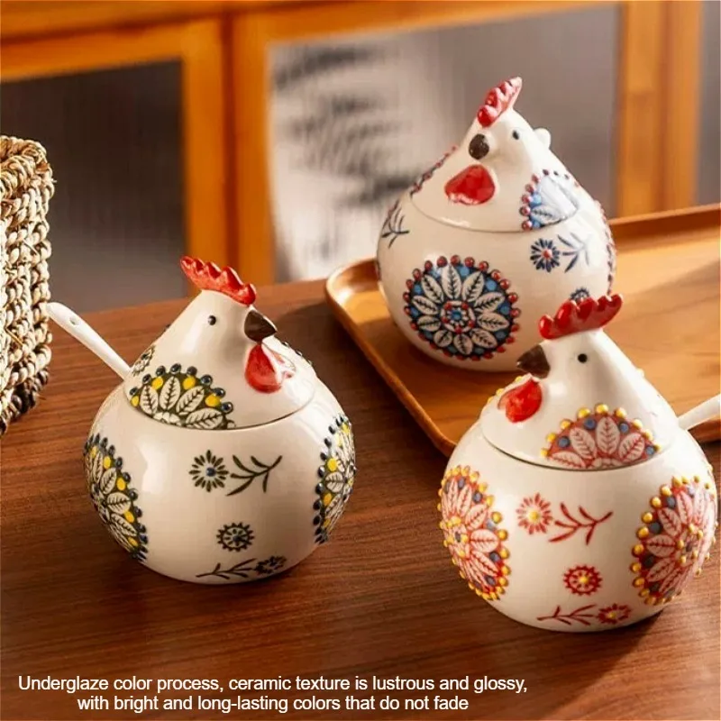 Ceramic Creative Rooster Home Seasoning Box Ceramic Capped Seasoning Box Salt Jar Spicy Jar Moisture proof Large Capacity