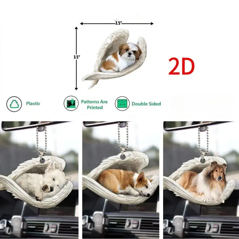 

Creative Sleeping Angel Wing Puppy Memorial 2D Flat Car Rear View Mirror Accessories Ornament Decoration Hanging Charm Pendant