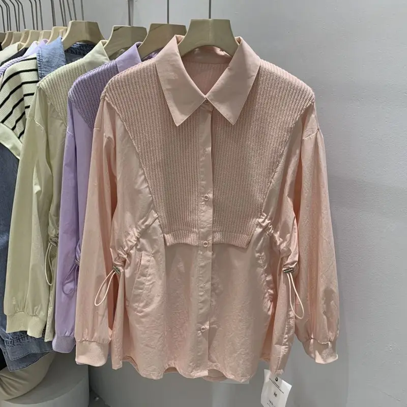 

Fashion Design Sense Solid Color Knitted Spliced Shirt Women's 2023 Spring New Korean Loose Casual Shirt Top