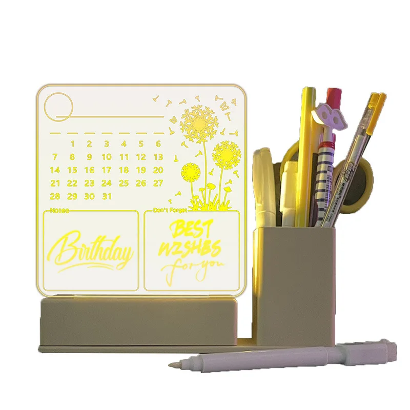 Luminous Night Light Acrylic Calendar Memoboard Pen Holder Message Small Whiteboard Home Memo Reminder Desktop Writing Board