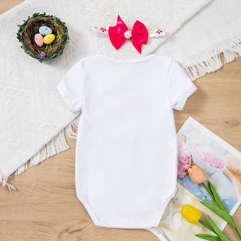 

Children's Easter Baby Outfit Embroidered Egg Short Sleeve Romper Hair Accessories2Party Outfit Set