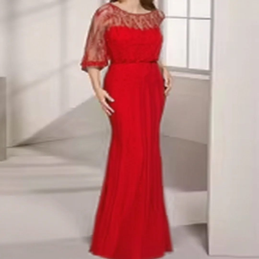 

Customized Red Mermaid Half Sleeves Beaded Luxury Dubai Evening Dresses Gowns For Women Party