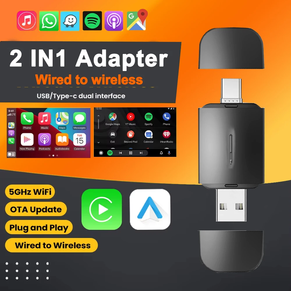 Nuevo 2 en 1 DongleAndroid Auto inalámbrico Carplay USB Bluetooth Wifi Plug and Play tipo c para Audi Benz Volvo VW Toyota Skoda Seat