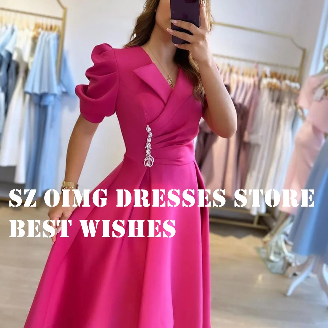 

OIMG New Design Prom Dresse Arabic Short Sleeves Simple Tea Length Fuchsia Satin Women Evening Gowns Formal Party Dress