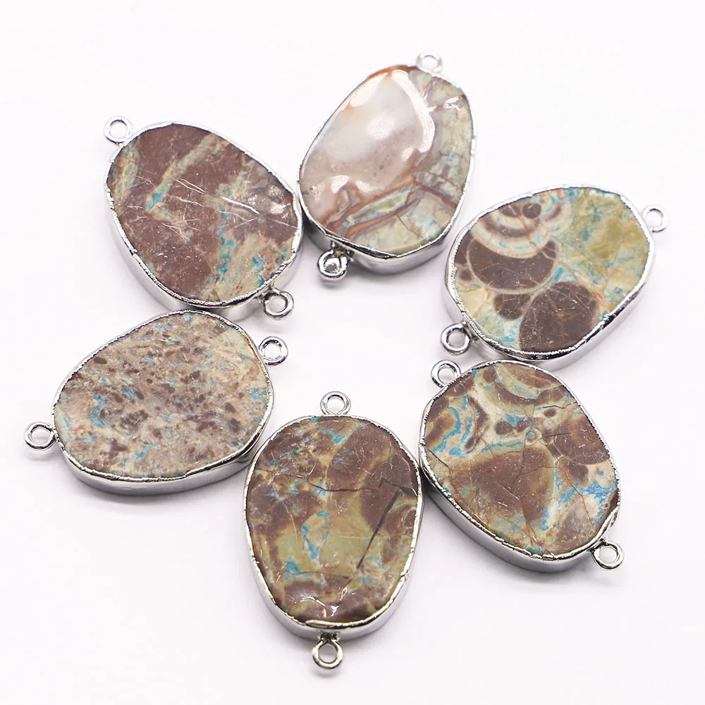 Natural Ocean Stone Oval Rose Quartz Pendant Connector Section Mineral Healing Silver Edge Necklace Charm Jewelry Wholesale 4Pcs