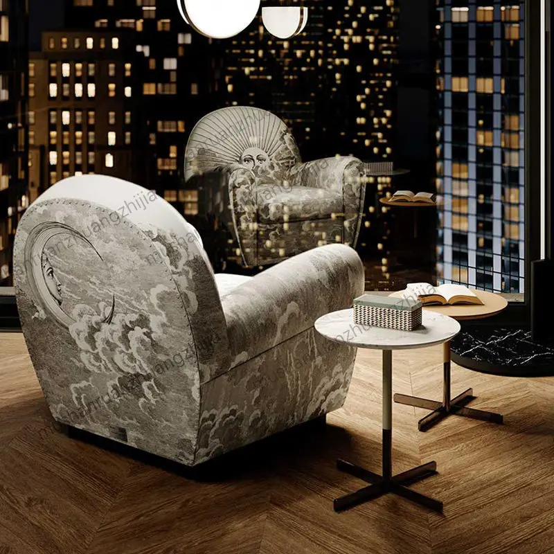 Modern leather sofa chair home living room classic fabric print leisure chair designer villa haute couture