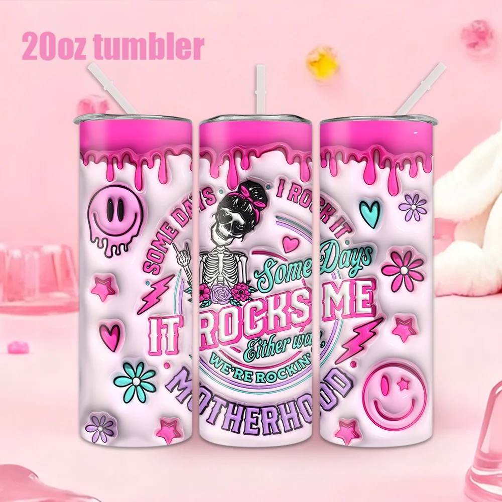 1 Stück 20oz Trinkflasche mit Strohhalm, rosa isolierter Edelstahl-Wasserbecher mit Totenkopf-, Blumen- und Blitz-Motiv zum Muttertag.