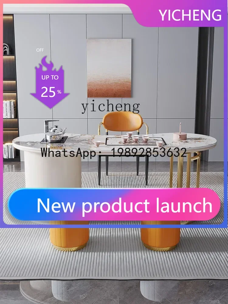 LYY Tea Table and Chair Set One Table Five Chairs Tea Room Reception Area Kung Fu Tea Table Kettle Integrated