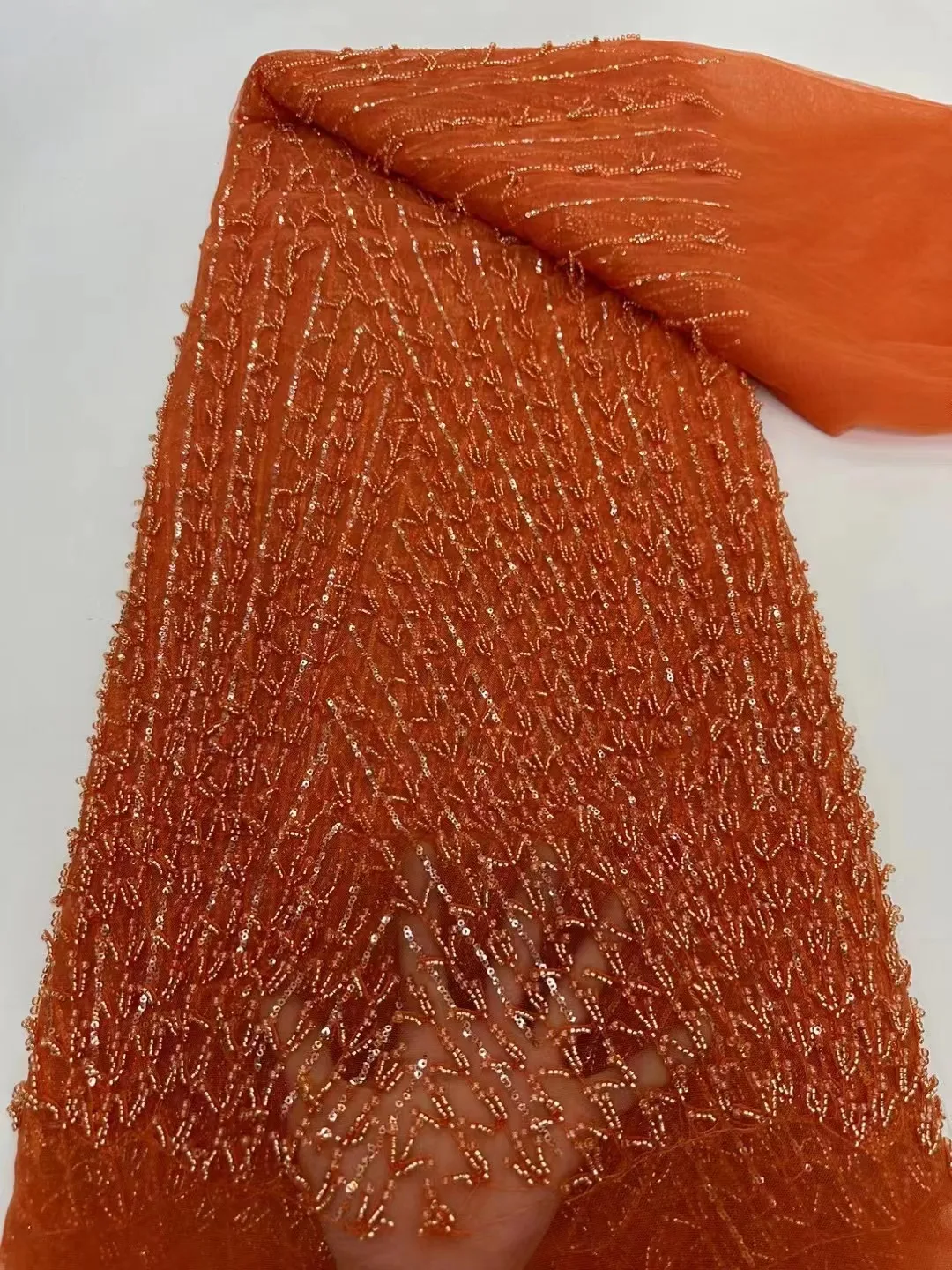 

Orange Luxurious African Sequins Beaded Groom Tulle lace Fabric 2023 High Quality Embroidery French Lace For Party Dress