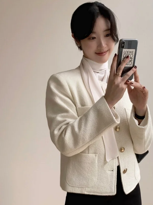 معطف Ele Ladylike ort للنساء من Faion الكورية Sle فضفاض مناسب من ألياف البوليستر لون نقي بأزرار تفاصيل بلوزة للخريف والشتاء #3