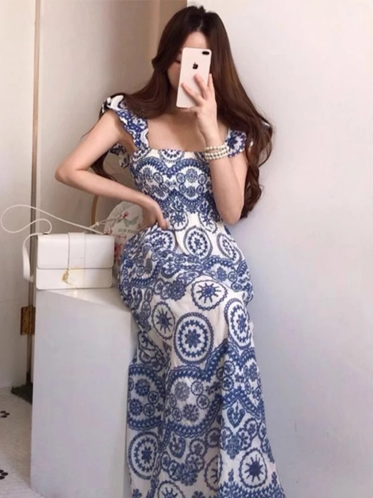 Summer Retro Ethnic Style Square Neck Flower Hollow Embroidery Halter Dress Elastic Bustier Waist Long Fly Fly Sleeve Dresses