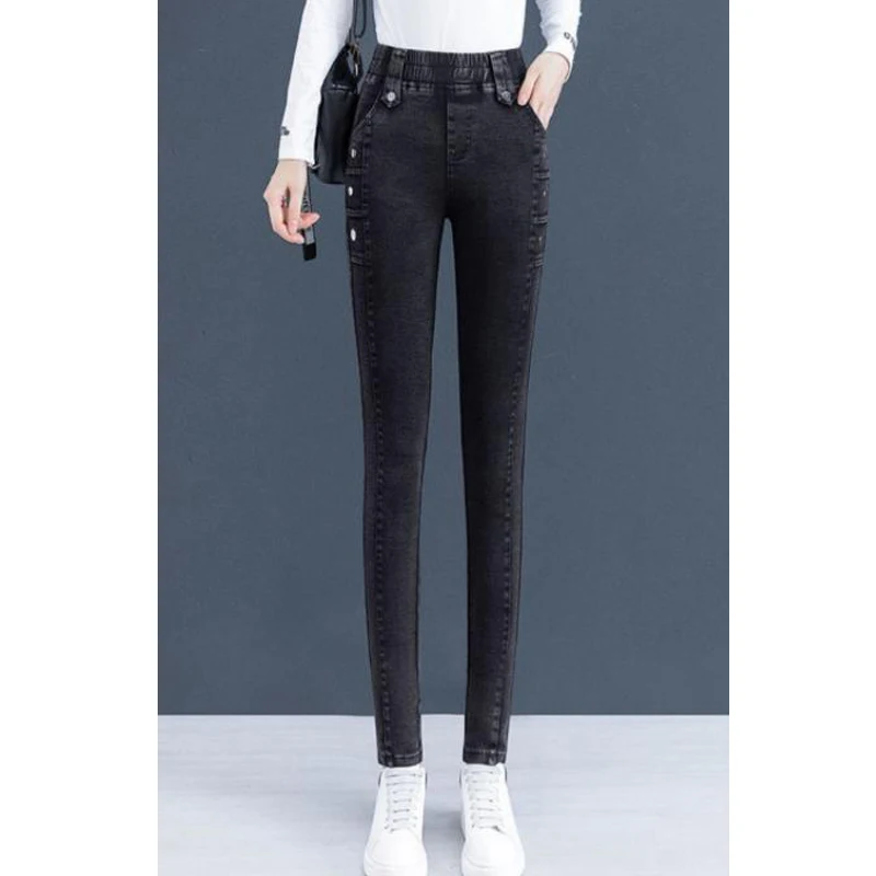 Imagem -05 - Moda Coreana Feminina de Pelúcia Quente e Slim Jeans Stretch Jeans Casual de Cintura Alta Calça Lápis Outono Inverno