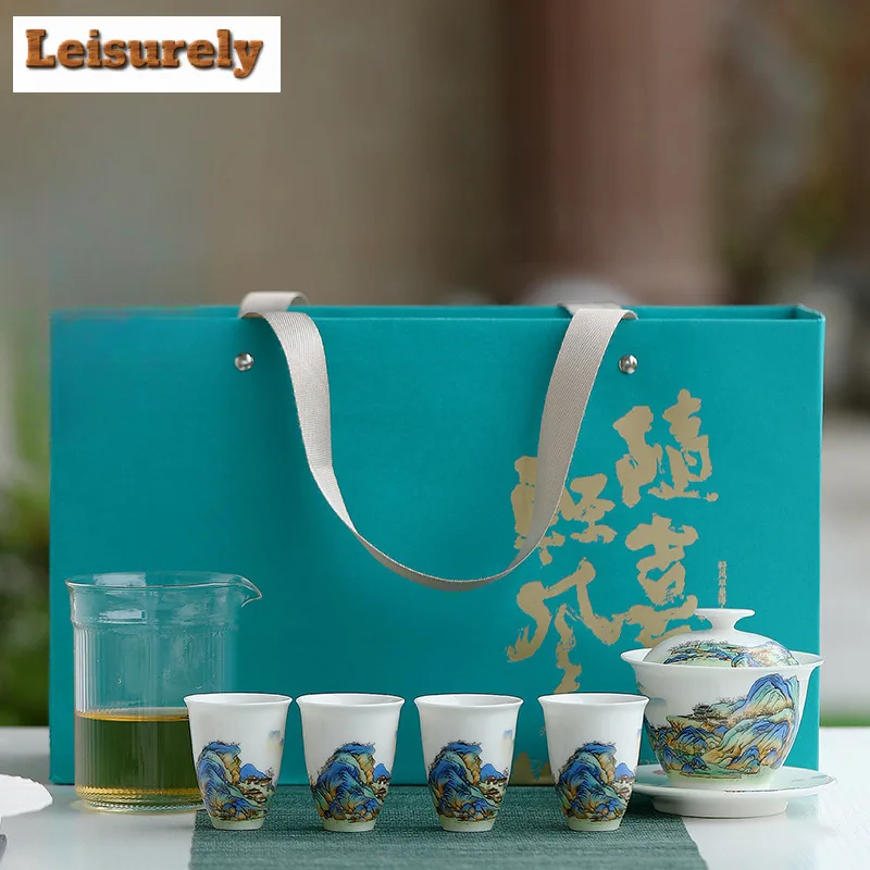 

Landscape White Porcelain Cover Bowl Tea Set Complete Set Japanese Tea Ceremony Set Teapot And Tea Cup Set Cha Ornaments Gifts