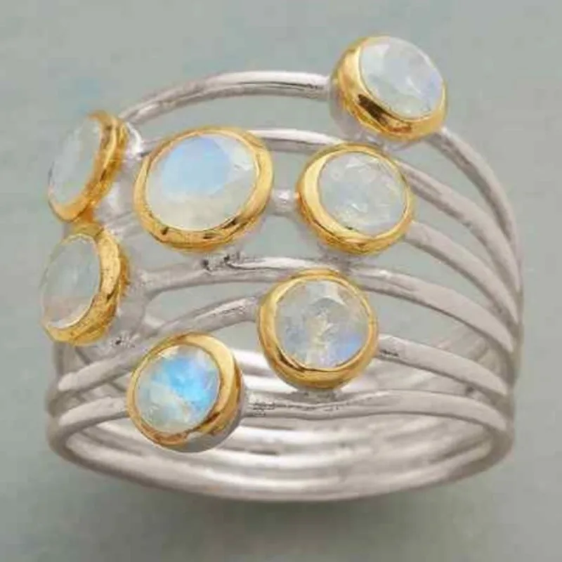 Vintage Inlaid Stone Women's Ring Trendy Two Color Hand Carving Pattern Daily Wear Party Jewelry Anniversary Gift