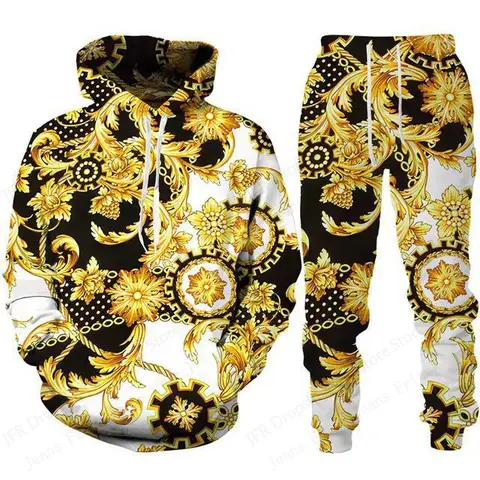 Mens Two Piece Hoodie Pant Sets Golden Pattern 3d Print Sets Men Women Fashion Hoodie+Pant 2 Piece Suit Sports Tracksuit Comfort