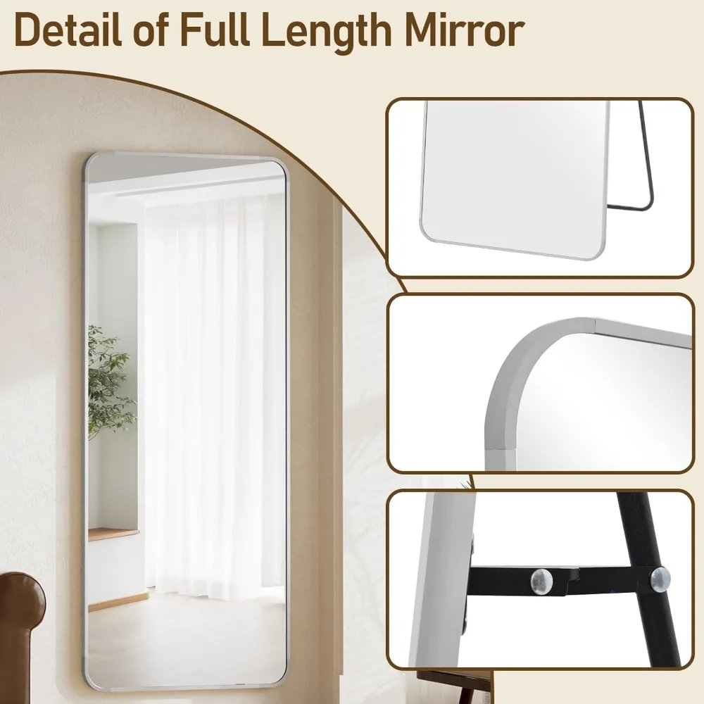 Miroir de sol argenté pleine longueur, 65 x 24 pouces, coins arrondis, polyvalent sur pied ou suspendu, idéal pour les chambres à coucher et le salon de spa
