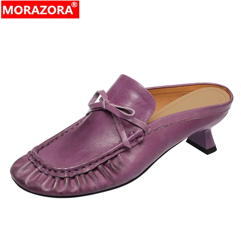 

MORAZORA 2026 New Genuine Leather Slippers Women Shoes Bowtie High Heels Slippers Summer Mules Ladies Party Dress Shoes