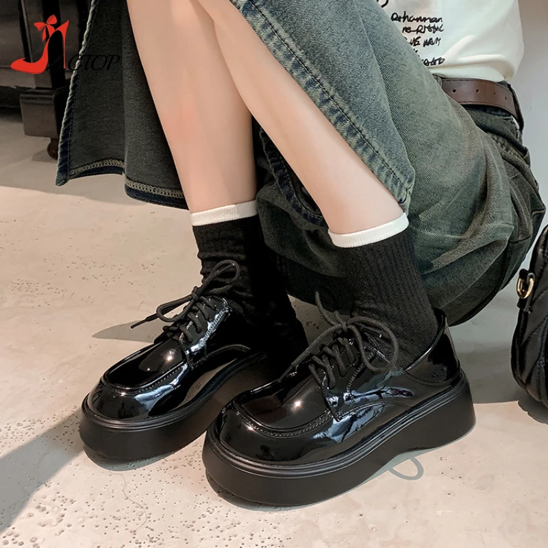 

British Style Women's Leather Shoes Platform Loafers Japanese College Jk Round Toe Thick Sole Lace Up Casual Shoes Black Brown