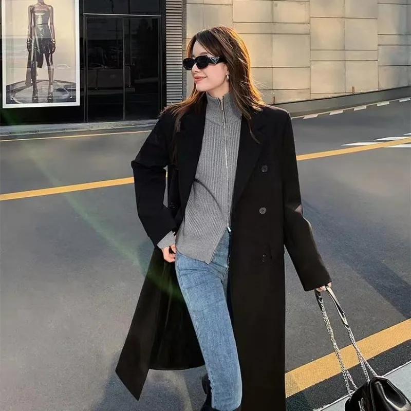 

Women's Spring Autumn Black Trench Coat Outerwear New Korean Jacket Long Coats Below The Knee Blazer Office Lady Tops