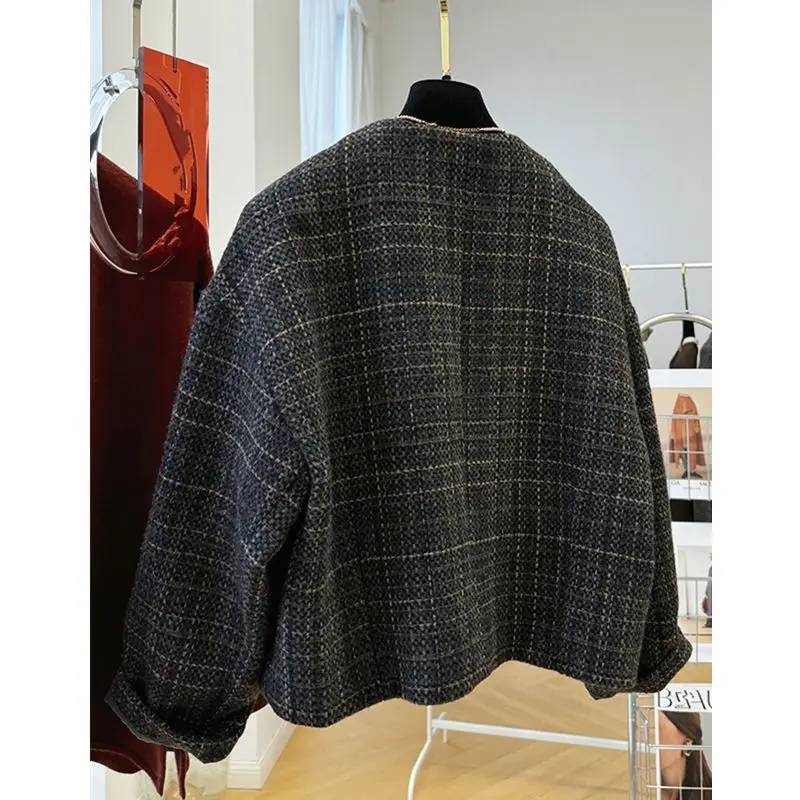 Women's 2026 Spring Autumn Korean Tweed Coat Cropped Petite Thick Warm Elegant Chic Coquette Streetwear Trendy Jacket Outerwear