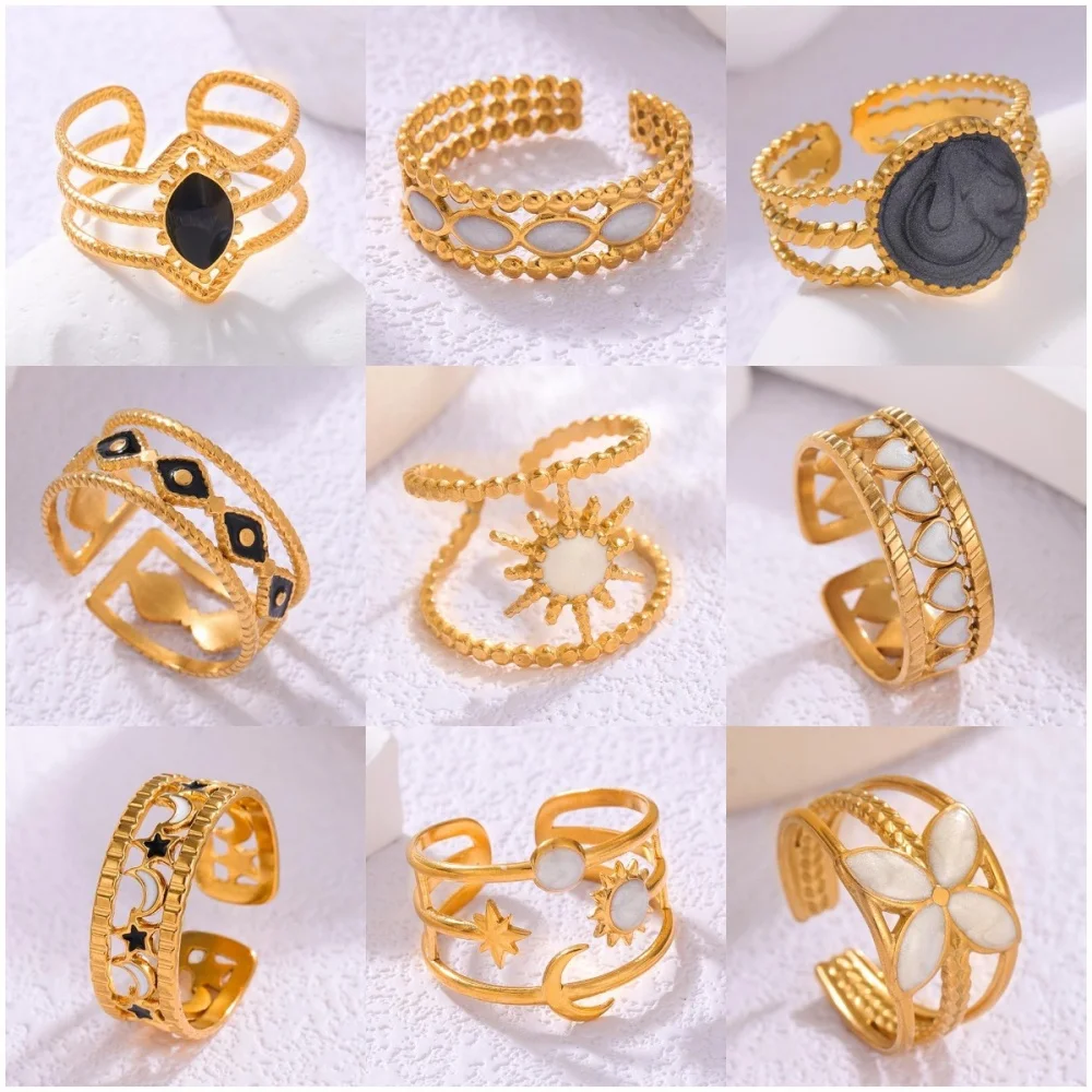 Stainless Steel Retro Oil Drip Open Rings for Women Irregular Adjustable Finger Rings Non-fading Party Jewelry Gifts Wholesale