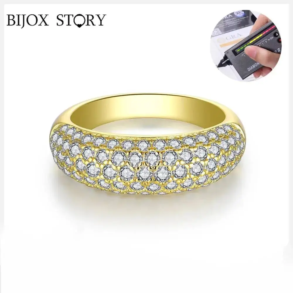 BIJOX STORY Full Moissanite Diamond Ring S925 Sterling Silver Plated 18K Gold Old Money Style Jewelry for Women Daily Wearing