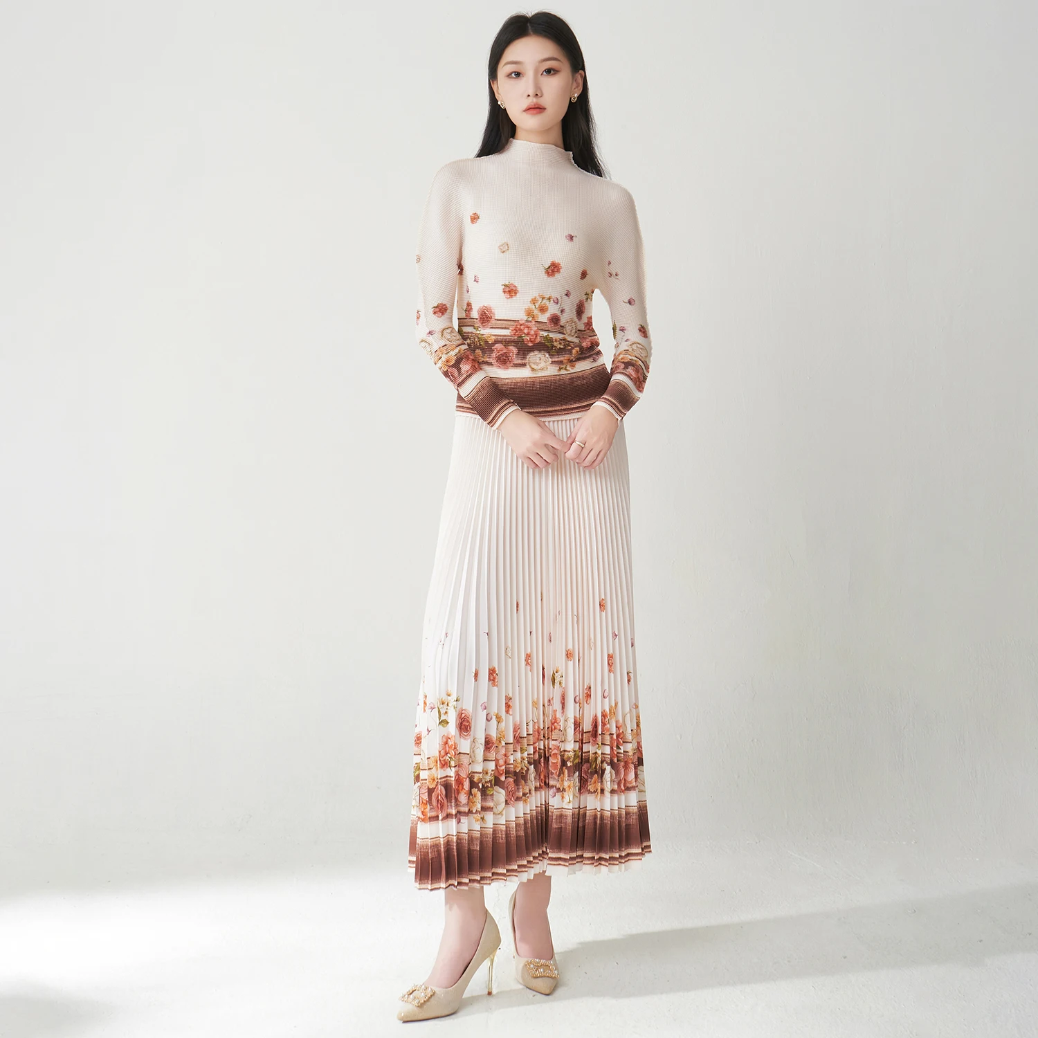 

Miyake Pleated Print Two-piece Set Loose Casual One Size Set Shirt and A-line Skirt Suit 2025 New Factory Wholesale