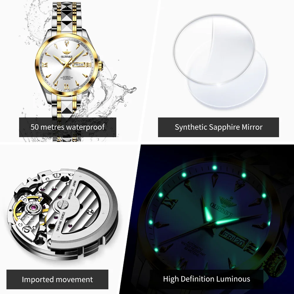 OUPINKE 3306 Ladies Watch Luxury Elegant Automatic Mechanical Watch Tungsten Steel 50M Waterproof Day Date Watch For Women Set