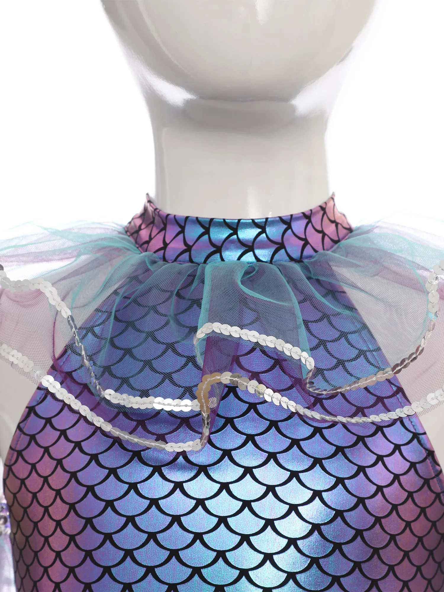 أطفال بنات حورية البحر ارتداءها لامعة قشور السمك طباعة الترتر شبكة توتو يوتار مع أكمام أذرع تبريد هالوين كرنفال تأثيري حلي