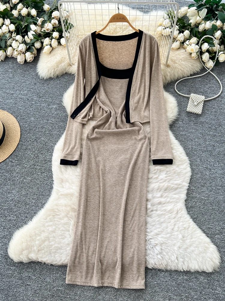 Faionable Zweiteiliges Set mit hoher Taille und Gürtel ter Dr + Long Sve Open Cardigan Color Blo Design Herbstkleidung für Damen