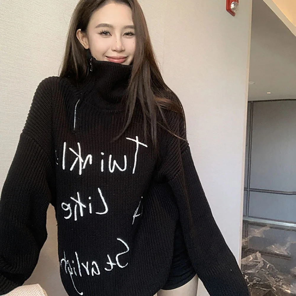 Embroidered Letter Black Sweater Women's Autumn Winter Lazy Style Zippes Turtleneck Pullovers Female Casual Loose Knitted Tops