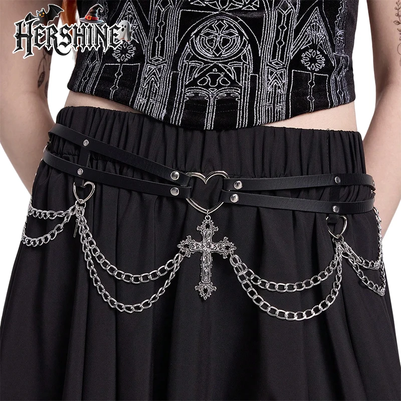 Y2K women's double-layer black willow nail chain belt with cross heart ring decoration Gothic dark punk style Halloween accessor