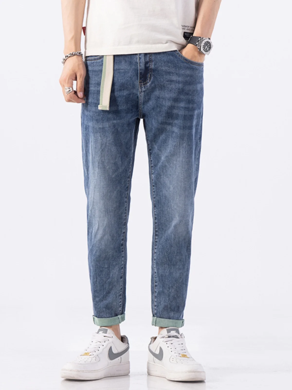 

Summer Thin Premium Nine-Tenths Slim Fit Men's Jeans Korean Version Trendy Embroidered Elastic Casual Cotton Stretch Denim